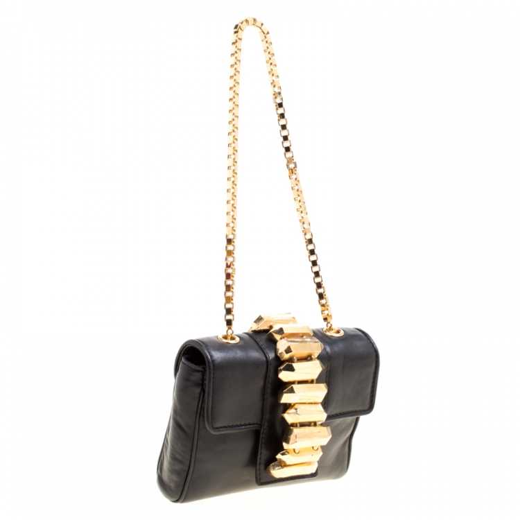 Pre Owned Roberto Cavalli Black Leather Gold Hardware Embellished Chain Clutch