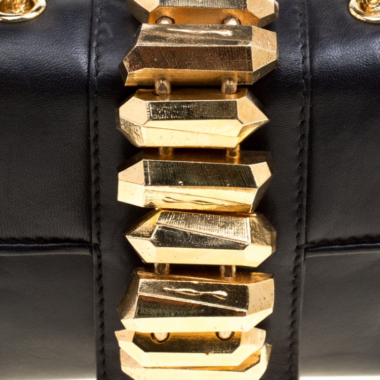 Pre Owned Roberto Cavalli Black Leather Gold Hardware Embellished Chain Clutch