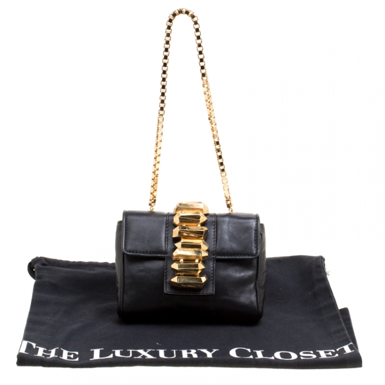 Pre Owned Roberto Cavalli Black Leather Gold Hardware Embellished Chain Clutch