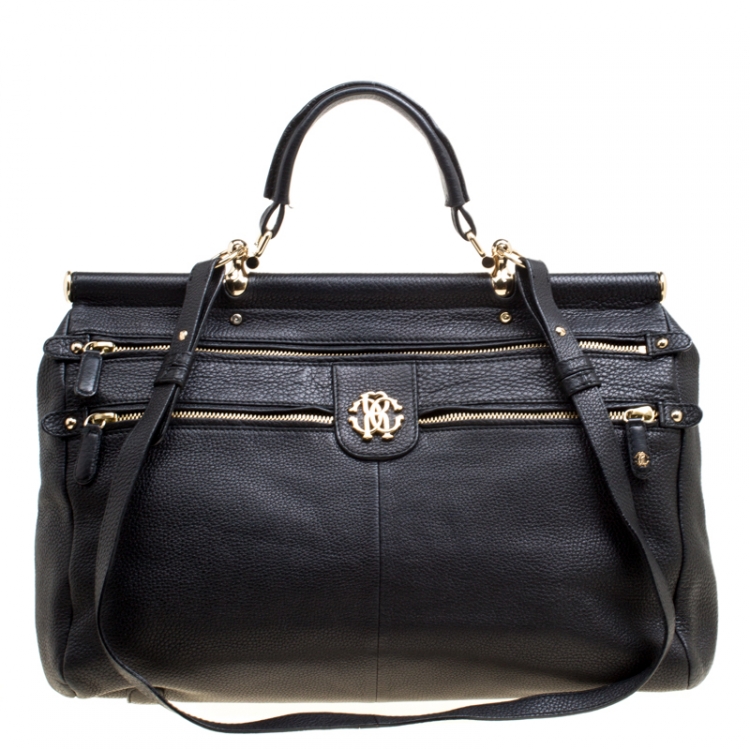 Pre Owned Roberto Cavalli Black Deerskin Leather Top Handle Bag