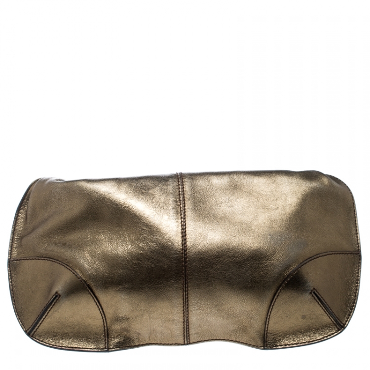 Pre Owned Roberto Cavalli Gold Leather Fold Over Clutch