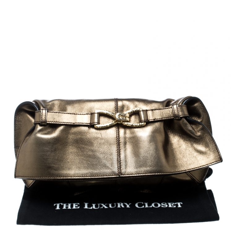 Pre Owned Roberto Cavalli Gold Leather Fold Over Clutch