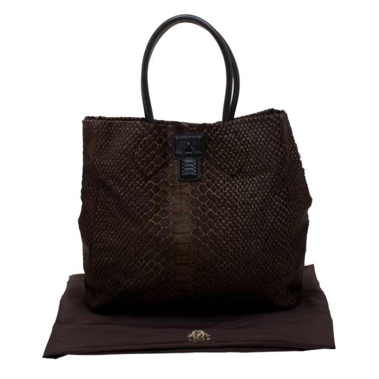 Pre Owned Roberto Cavalli Brown/Black Calfhair and Leather Python Print Tote