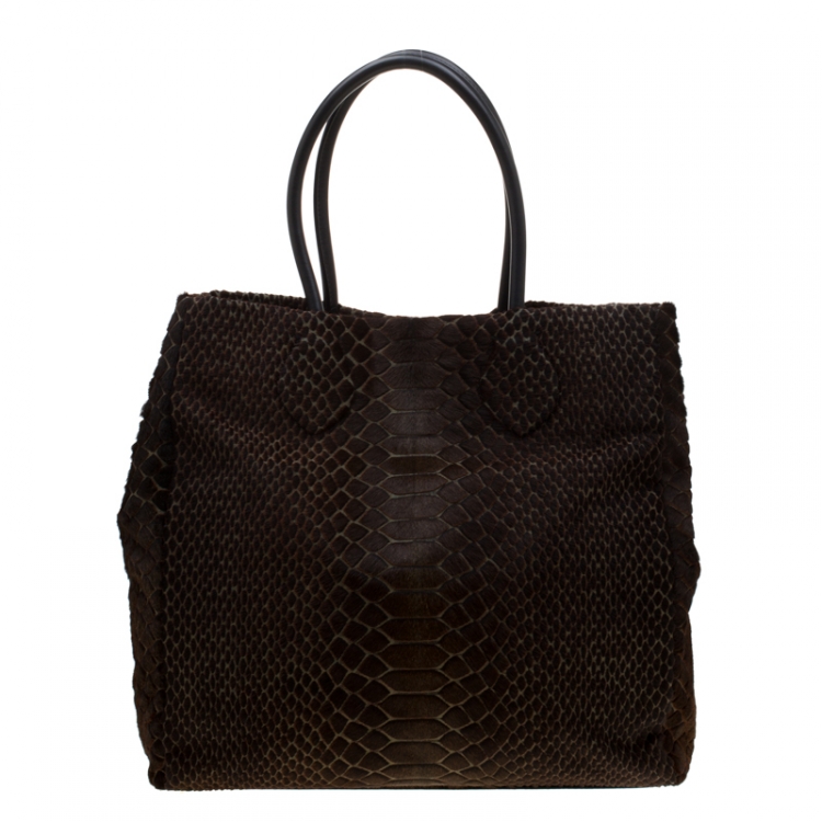 Pre Owned Roberto Cavalli Brown/Black Calfhair and Leather Python Print Tote