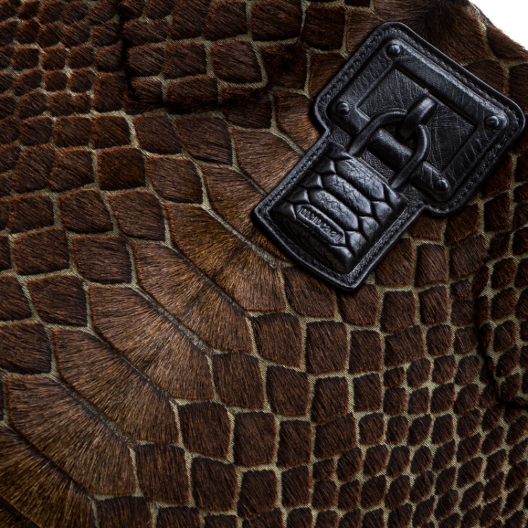 Pre Owned Roberto Cavalli Brown/Black Calfhair and Leather Python Print Tote