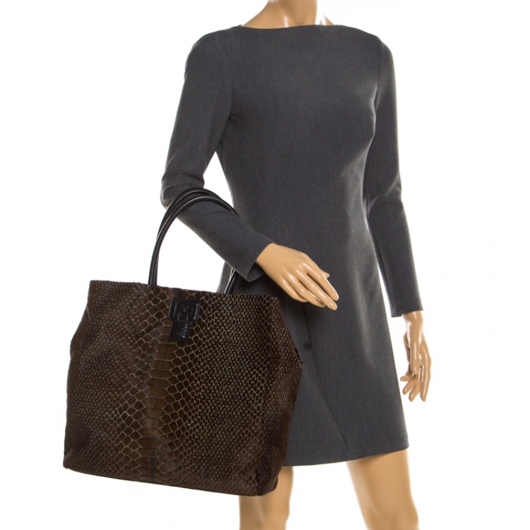 Pre Owned Roberto Cavalli Brown/Black Calfhair and Leather Python Print Tote