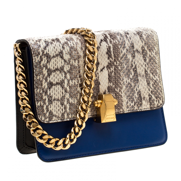 Pre Owned Roberto Cavalli Beige/Blue Leather and Python Hera Crossbody Bag