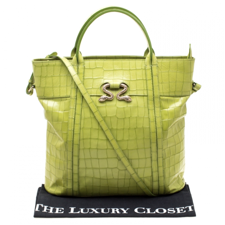 Pre Owned Roberto Cavalli Lime Crocodile Embossed Leather Shopper Tote