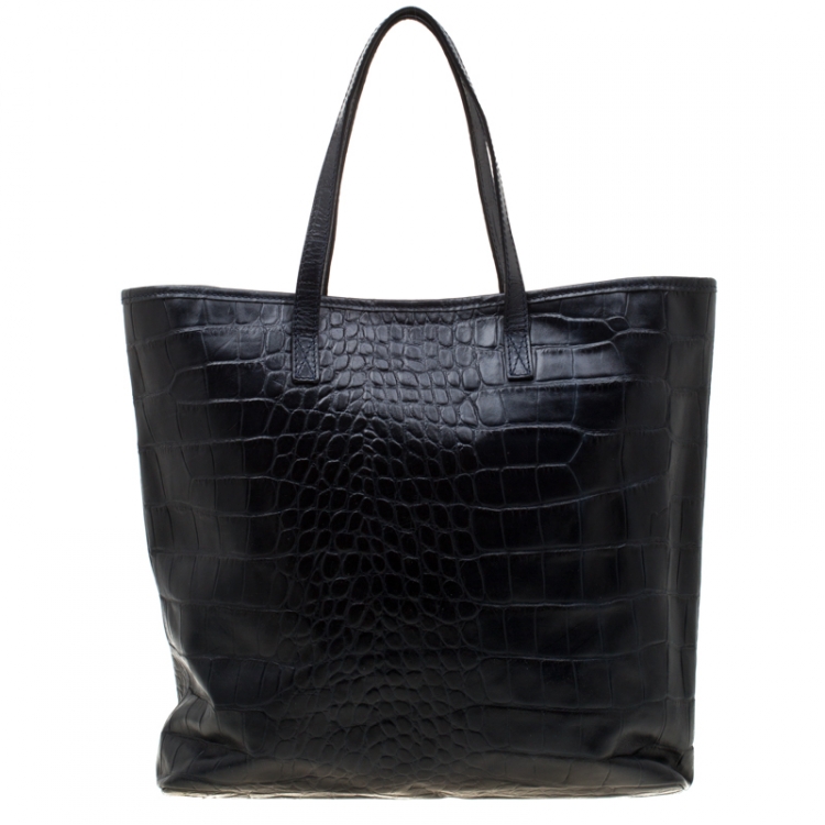 Pre Owned Roberto Cavalli Black Croc Embossed Leather Tote