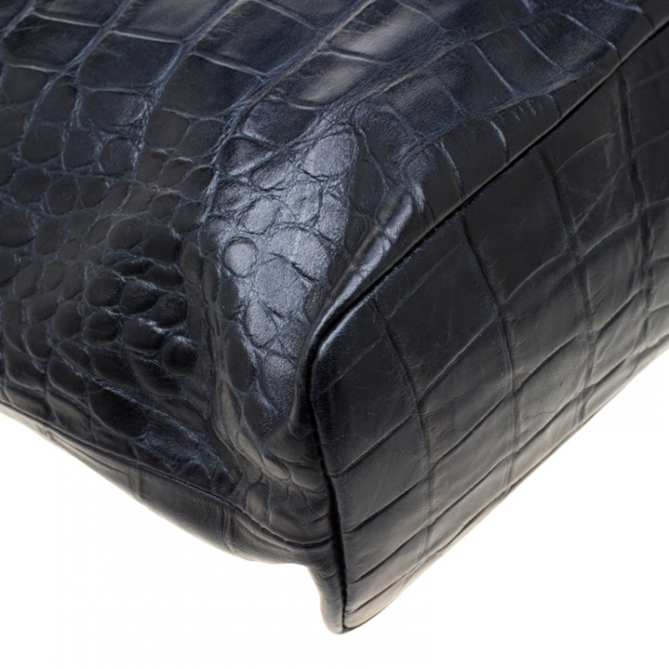 Pre Owned Roberto Cavalli Black Croc Embossed Leather Tote