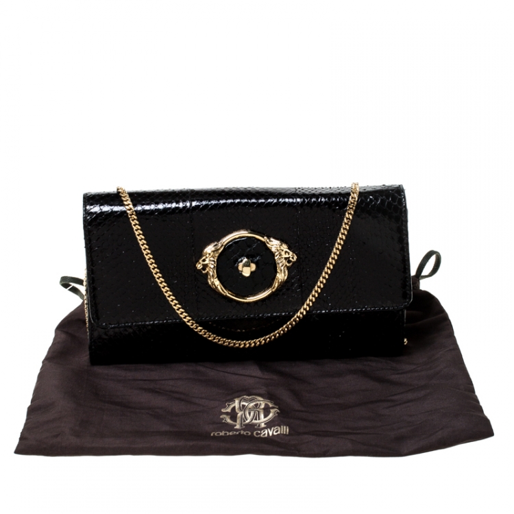 Pre Owned Roberto Cavalli Black Python Turnlock Flap Chain Clutch