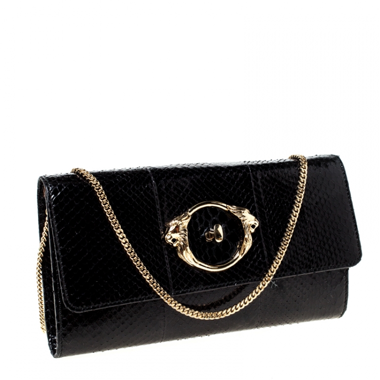 Pre Owned Roberto Cavalli Black Python Turnlock Flap Chain Clutch