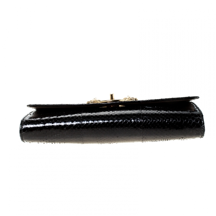 Pre Owned Roberto Cavalli Black Python Turnlock Flap Chain Clutch