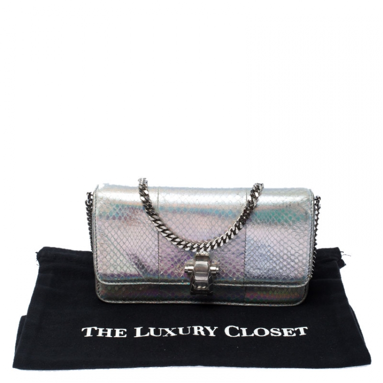 Pre Owned Roberto Cavalli Metallic Silver Python Leather Crossbody Bag