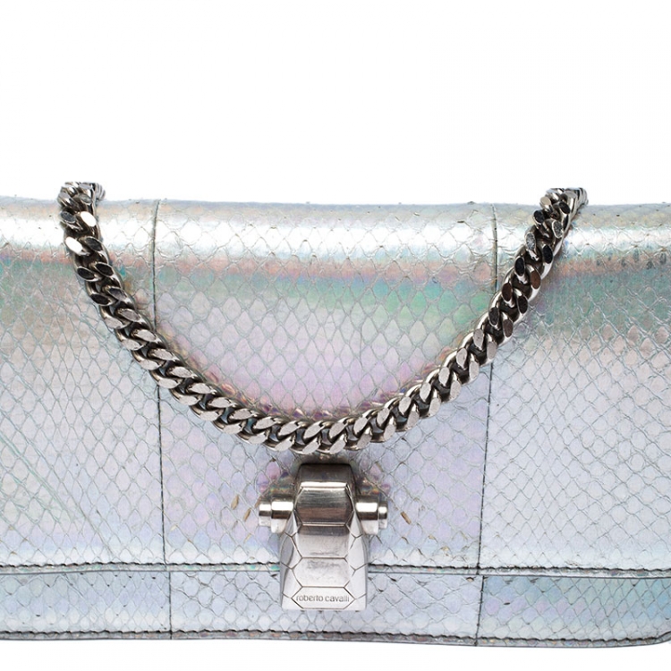 Pre Owned Roberto Cavalli Metallic Silver Python Leather Crossbody Bag