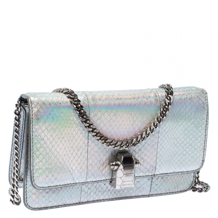 Pre Owned Roberto Cavalli Metallic Silver Python Leather Crossbody Bag