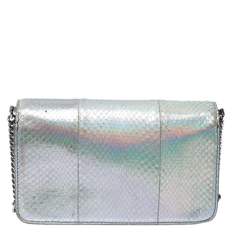 Pre Owned Roberto Cavalli Metallic Silver Python Leather Crossbody Bag