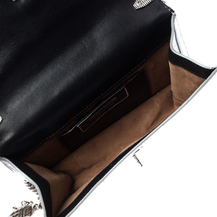 Pre Owned Roberto Cavalli Metallic Silver Python Leather Crossbody Bag
