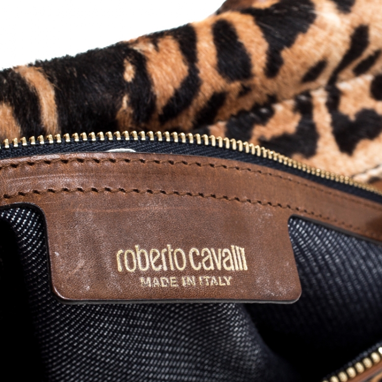 Pre Owned Roberto Cavalli Brown Leopard Print Calfhair and Leather Grande Diva Satchel