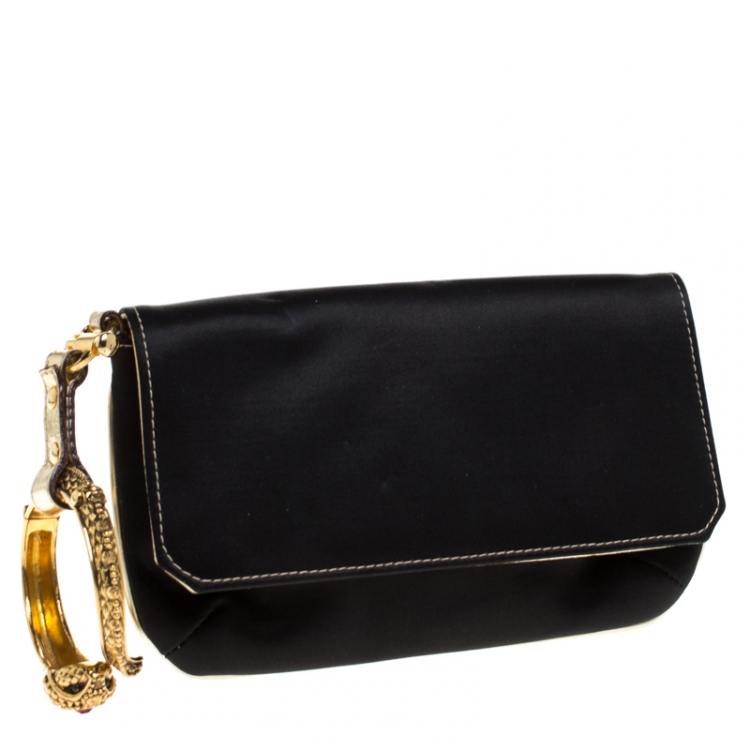 Pre Owned Roberto Cavalli Black/Gold Satin Serpent Bracelet Clutch