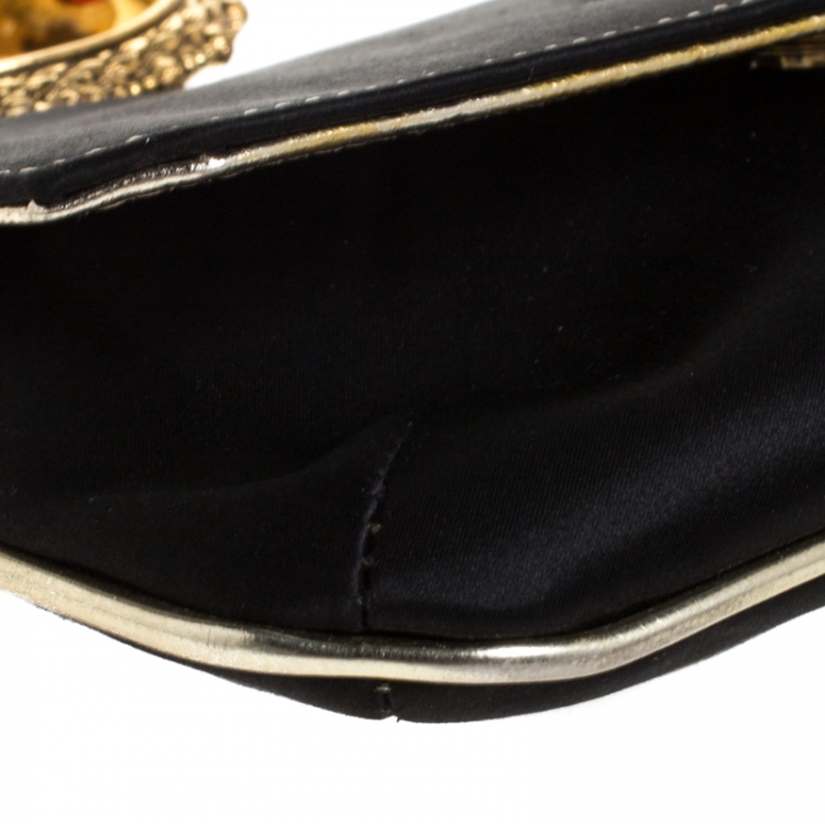Pre Owned Roberto Cavalli Black/Gold Satin Serpent Bracelet Clutch