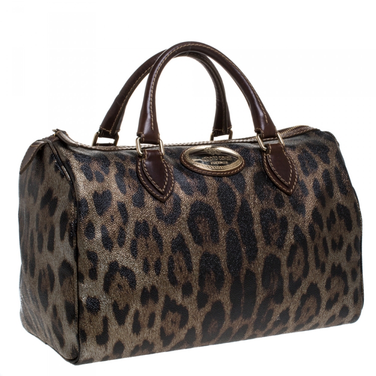 Pre Owned Roberto Cavalli Brown/Gold Leopard Printed Leather Boston Bag