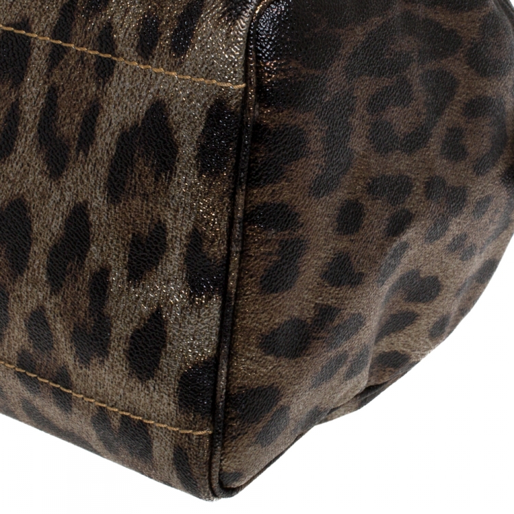 Pre Owned Roberto Cavalli Brown/Gold Leopard Printed Leather Boston Bag
