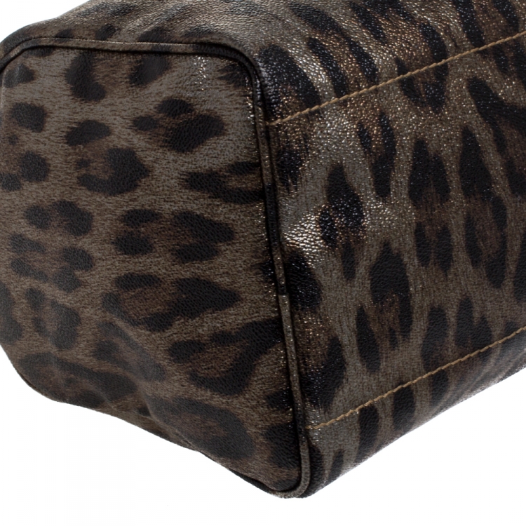 Pre Owned Roberto Cavalli Brown/Gold Leopard Printed Leather Boston Bag