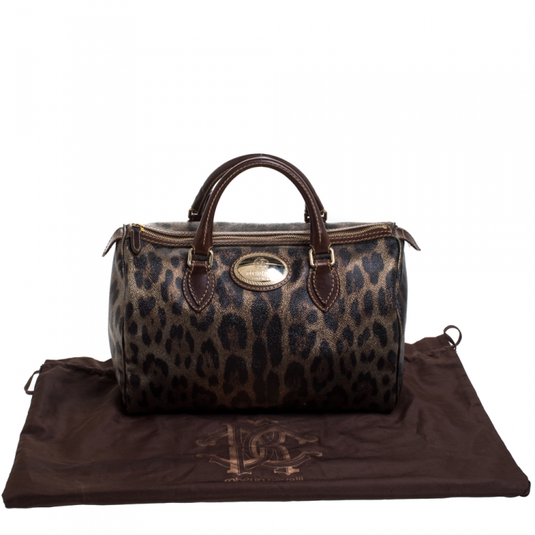 Pre Owned Roberto Cavalli Brown/Gold Leopard Printed Leather Boston Bag