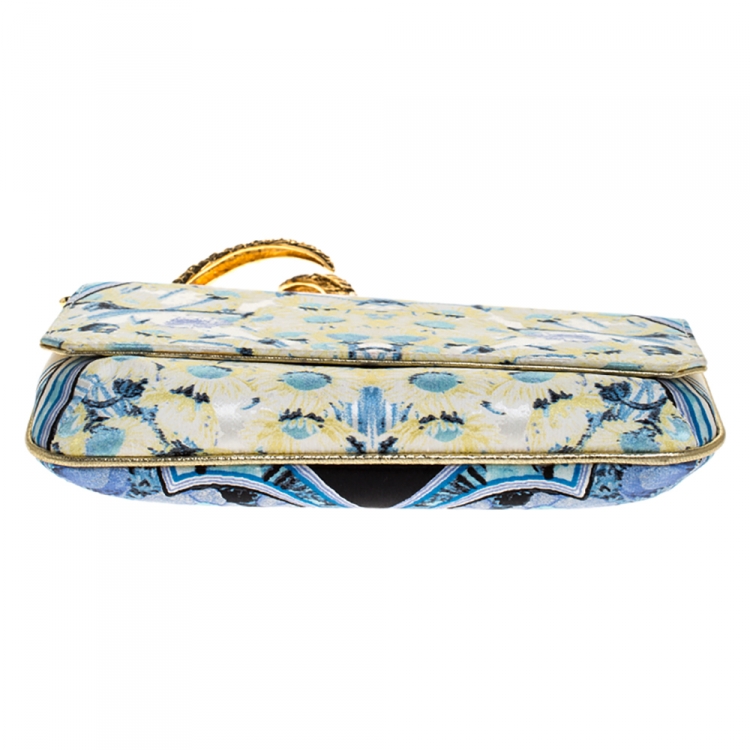 Pre Owned Roberto Cavalli Multicolor Floral Print Satin Serpent Bracelet Wristlet Clutch     