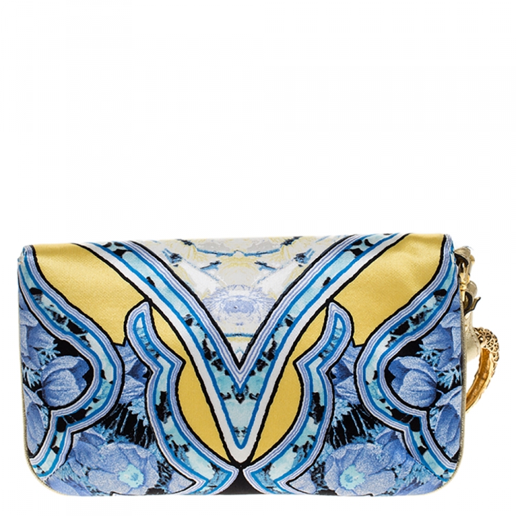 Pre Owned Roberto Cavalli Multicolor Floral Print Satin Serpent Bracelet Wristlet Clutch     