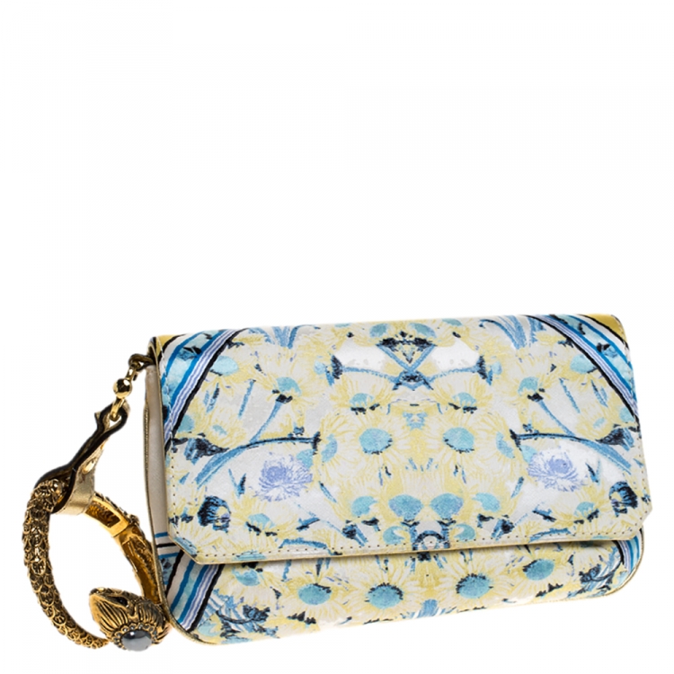 Pre Owned Roberto Cavalli Multicolor Floral Print Satin Serpent Bracelet Wristlet Clutch     