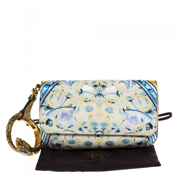 Pre Owned Roberto Cavalli Multicolor Floral Print Satin Serpent Bracelet Wristlet Clutch     