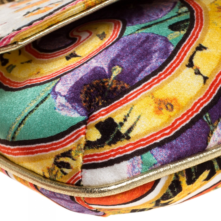 Pre Owned Roberto Cavalli Multicolor Floral Print Satin Serpent Bracelet Wristlet Clutch     