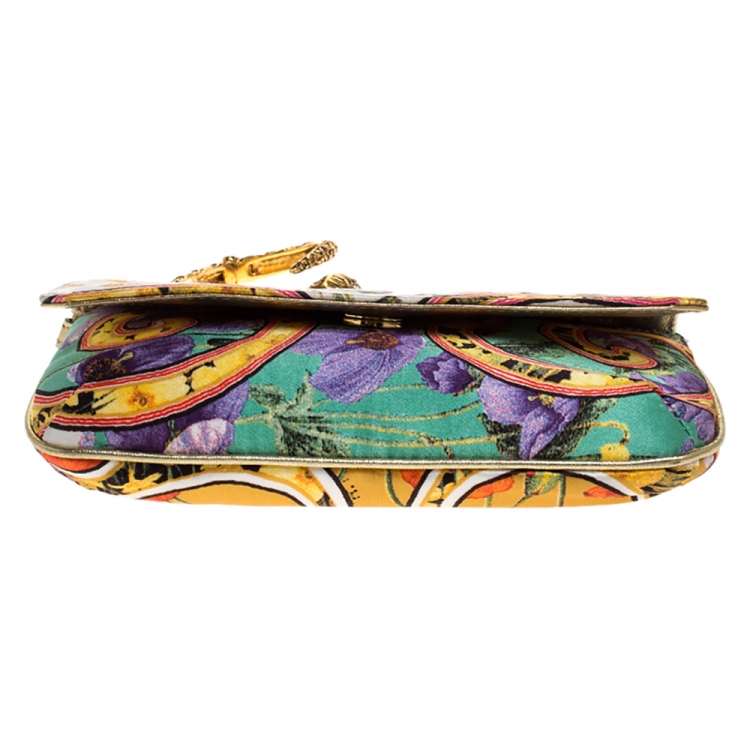Pre Owned Roberto Cavalli Multicolor Floral Print Satin Serpent Bracelet Wristlet Clutch     