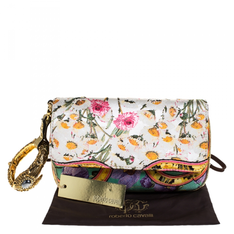 Pre Owned Roberto Cavalli Multicolor Floral Print Satin Serpent Bracelet Wristlet Clutch     