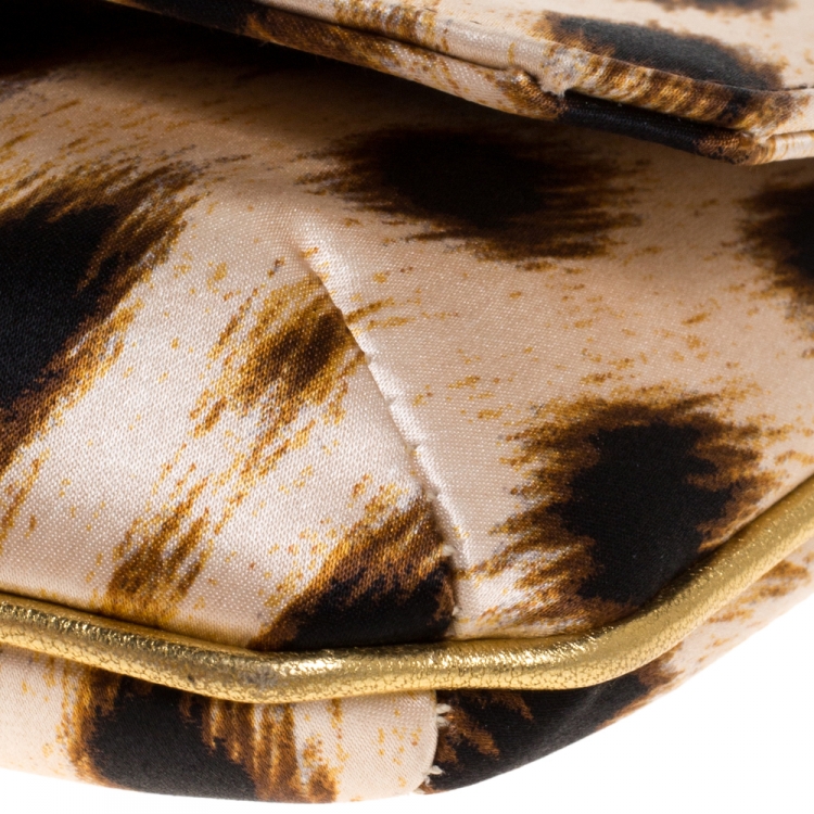 Pre Owned Roberto Cavalli Beige/Black Leopard Print Satin Serpent Bracelet Wristlet Clutch     