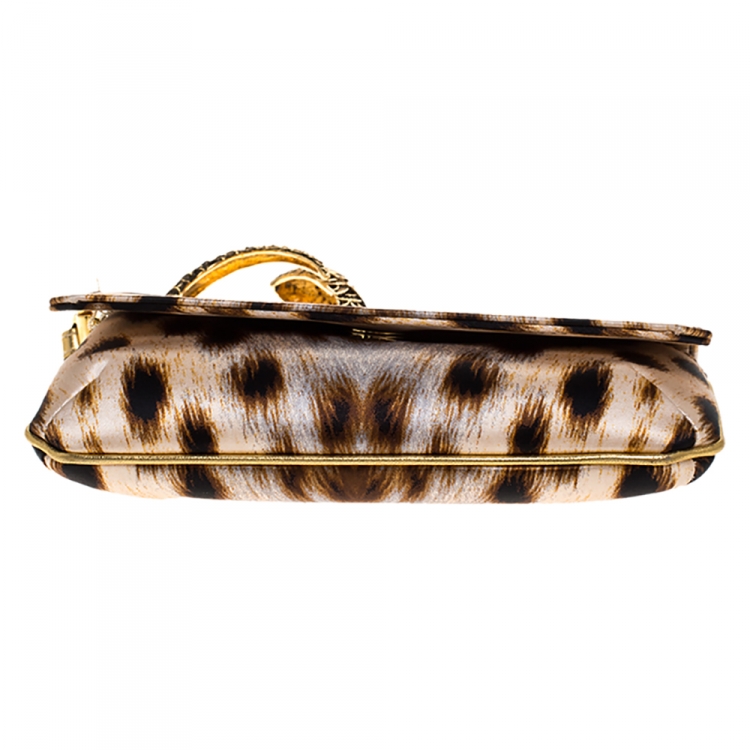 Pre Owned Roberto Cavalli Beige/Black Leopard Print Satin Serpent Bracelet Wristlet Clutch     