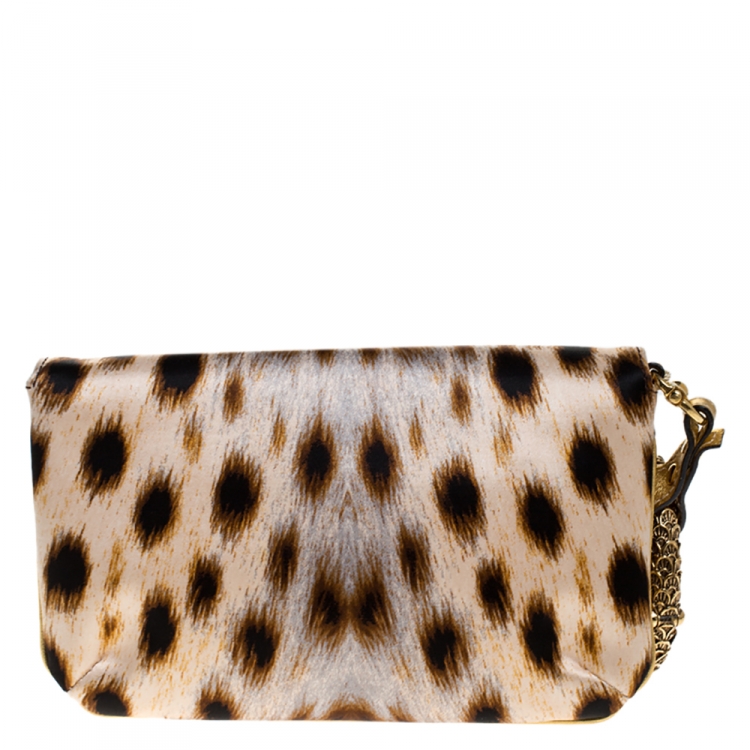 Pre Owned Roberto Cavalli Beige/Black Leopard Print Satin Serpent Bracelet Wristlet Clutch     