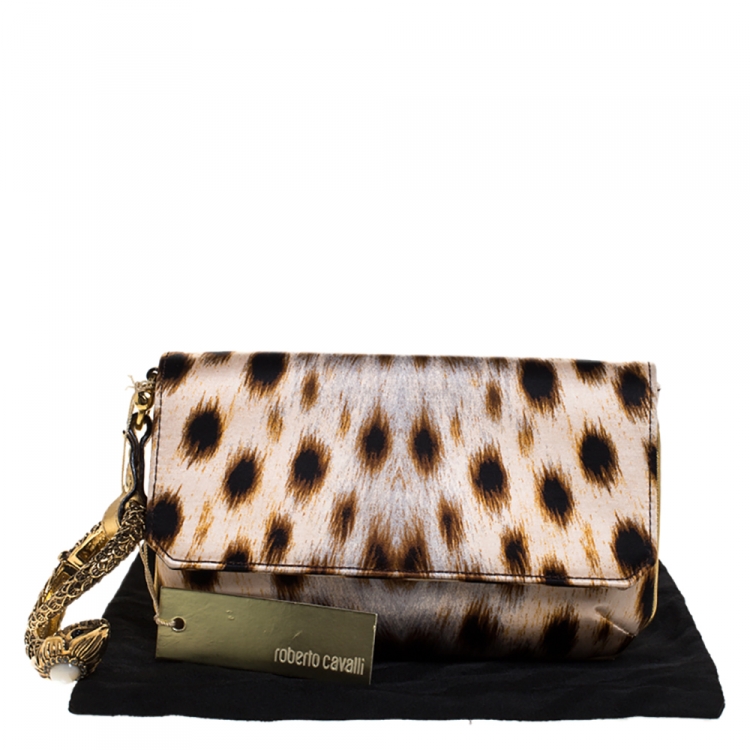 Pre Owned Roberto Cavalli Beige/Black Leopard Print Satin Serpent Bracelet Wristlet Clutch     