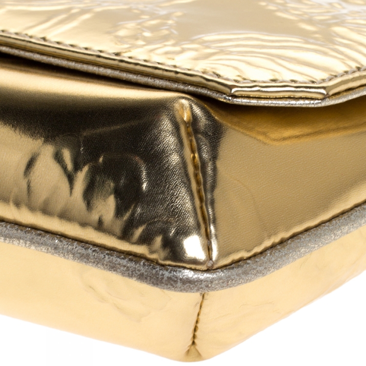 Pre Owned Roberto Cavalli Metallic Gold Patent Leather Serpent Bracelet Wristlet Clutch     