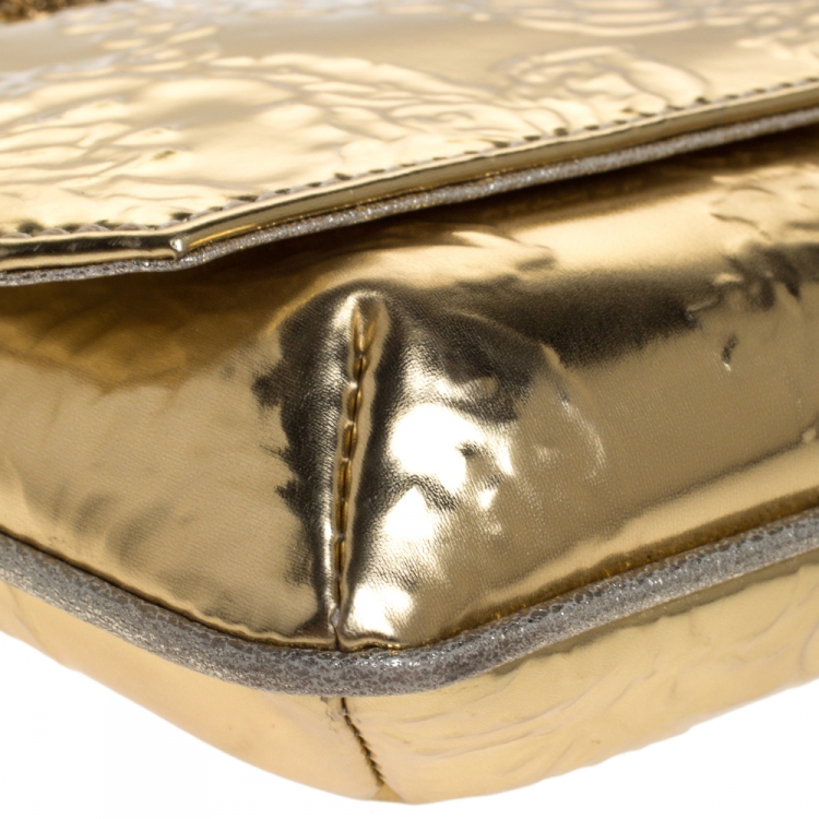 Pre Owned Roberto Cavalli Metallic Gold Patent Leather Serpent Bracelet Wristlet Clutch     