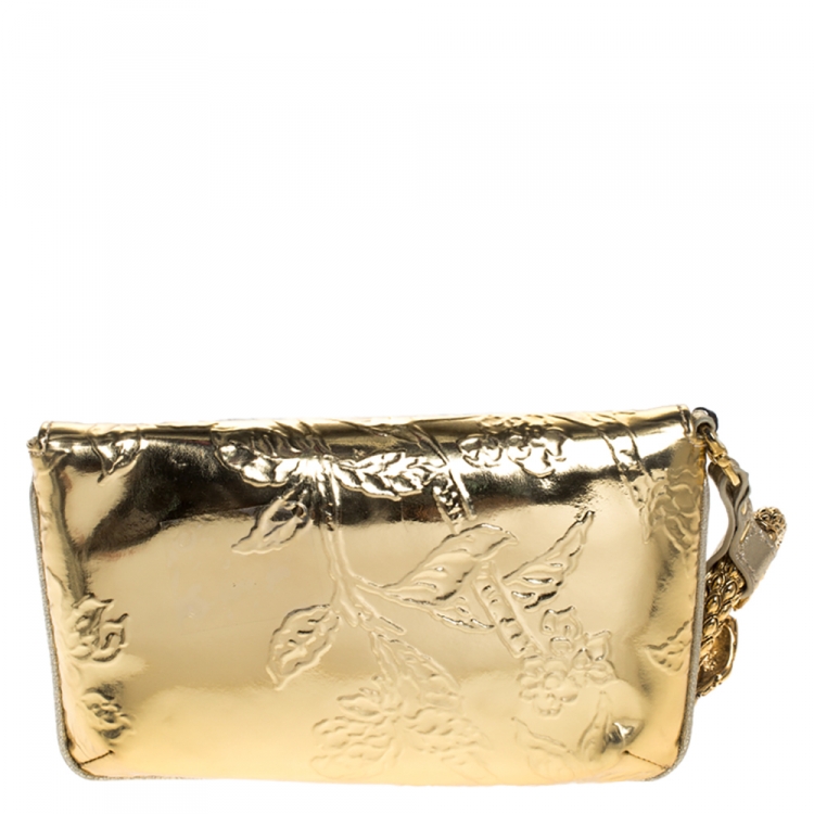 Pre Owned Roberto Cavalli Metallic Gold Patent Leather Serpent Bracelet Wristlet Clutch     