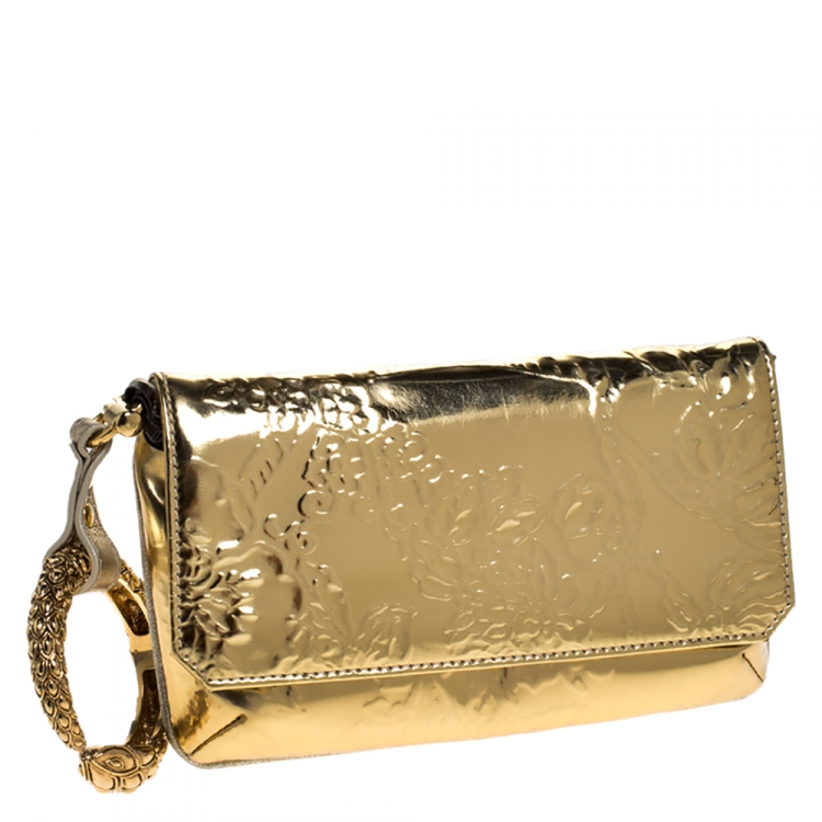 Pre Owned Roberto Cavalli Metallic Gold Patent Leather Serpent Bracelet Wristlet Clutch     