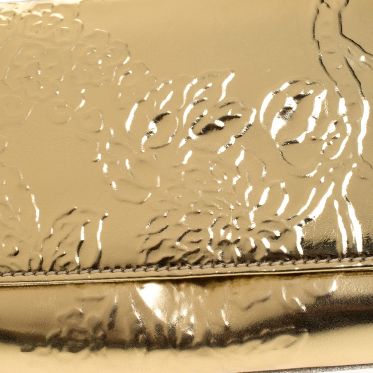 Pre Owned Roberto Cavalli Metallic Gold Patent Leather Serpent Bracelet Wristlet Clutch     