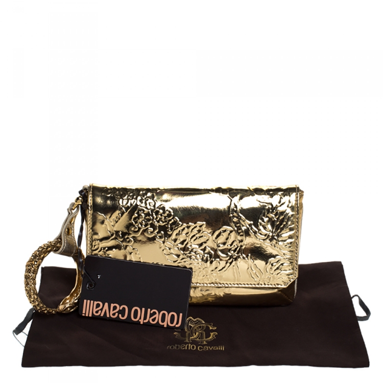 Pre Owned Roberto Cavalli Metallic Gold Patent Leather Serpent Bracelet Wristlet Clutch     