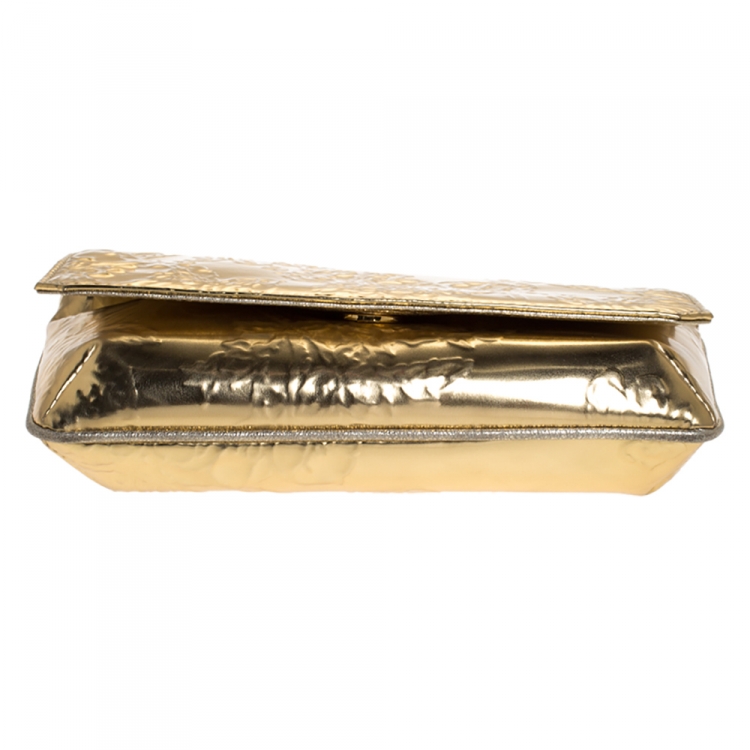 Pre Owned Roberto Cavalli Metallic Gold Patent Leather Serpent Bracelet Wristlet Clutch     