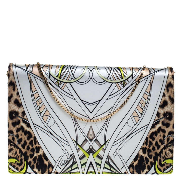 Pre Owned Roberto Cavalli Multicolor Printed Satin Flap Shoulder Bag
