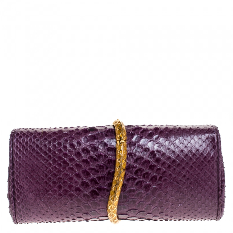 Pre Owned Roberto Cavalli Purple Python Serpent Chain Clutch