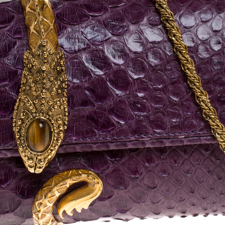 Pre Owned Roberto Cavalli Purple Python Serpent Chain Clutch